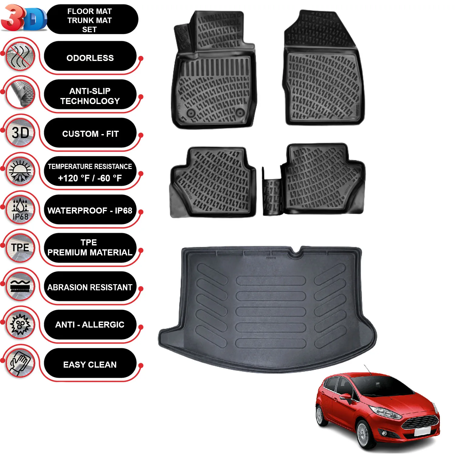 

Ford Fiesta HB - (2009-2017) - Floor Mats + Cargo Trunk Liner - SET - (Black)