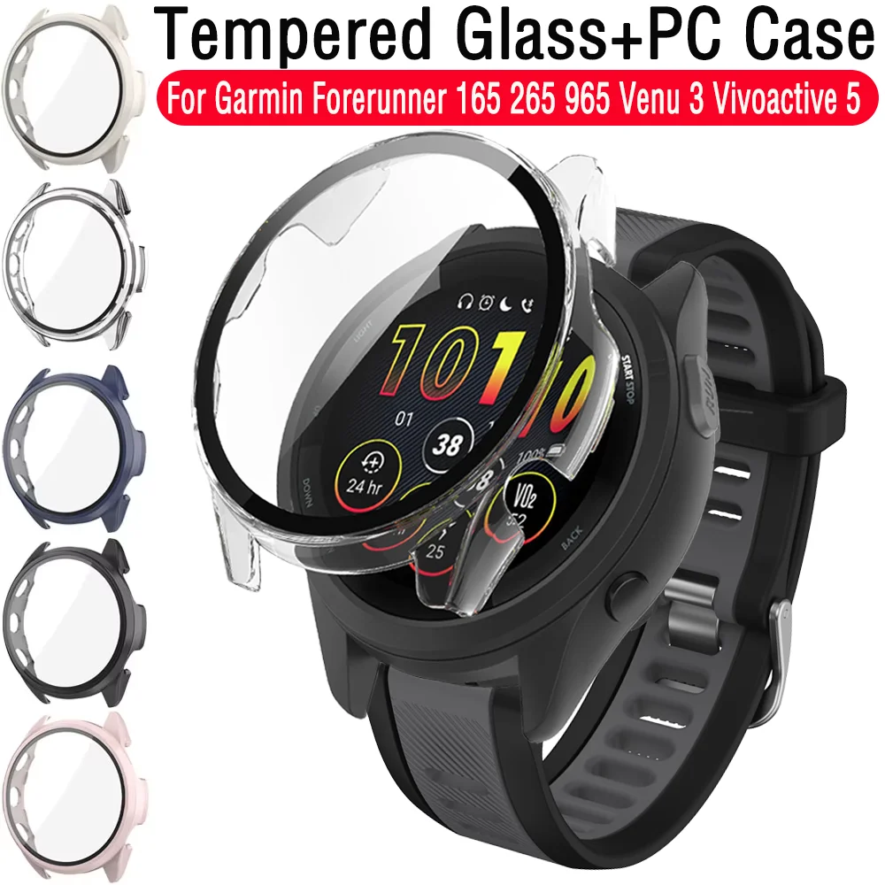 حافظة من الزجاج المقسى + PC لهاتف Garmin Venu 3 Vivoactive 5 HD غطاء حماية للشاشة الشاملة Garmin Forerunner 965 265 165 Shell