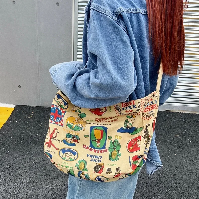 Unisex Vintage Canvas Fabric Shoulder Bag Teenager High Street Retro Casual Slouchy Bag Female Big Capacity Hippy Crossbody Bag