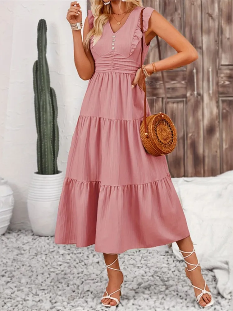 

2025 Ruffle-edged Fashion Casual Long Sleeveless Dress Slim Solid Color Jacquard Spring And Summer Women's Long Skirt Cake Skirt