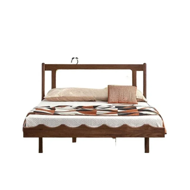 Nordic black walnut rattan solid wood bed modern simple 1.8 meters retro master bedroom double bed new Chinese style