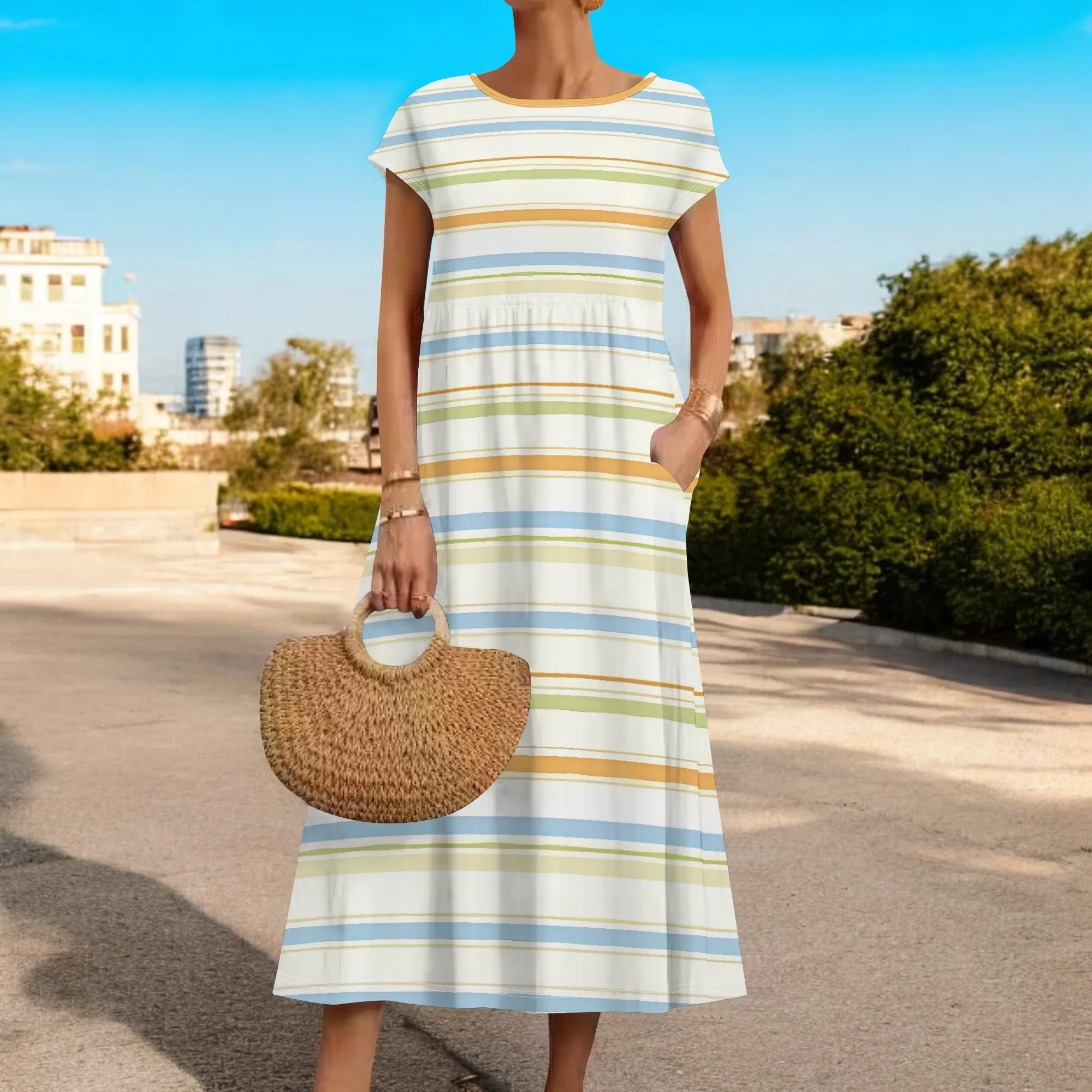 

EQQZD Modern Trendy Simple Stripe Print Dress with Pockets, Stylish Casual Loose Short Sleeve Crewneck Midi Dress