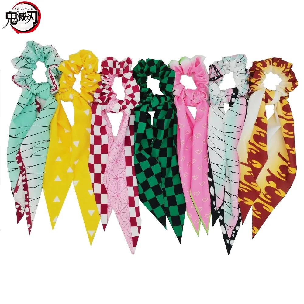 Kawaii Anime Demon Slayer Girls Cosplay Hair Ring Ribbon Nezuko Zenitsu Tanjirou Scrunchies Headband Costume Props Figure Toys