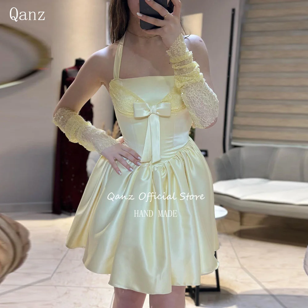 

Qanz Yellow Satin Prom Dress Strapless Mini A Line Vestidos De Fiesta Elegantes Bow Short Vestidos De Graduación Customized
