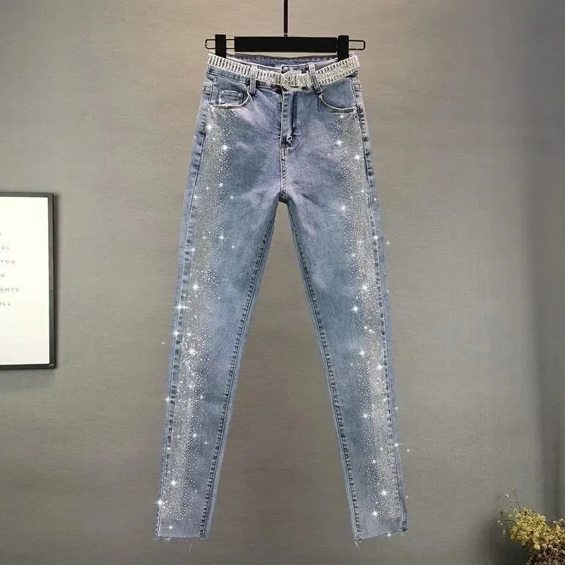 

Spring Streetwear Women Pencil Pants 5XL Vintage Blue Slim Diamonds High Waisted Ankle-length Jeans Casual Denim Trousers Z498