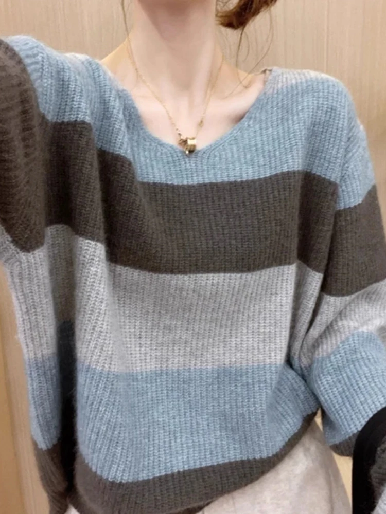 الكورية Sle كسول اللون بلو مخطط سترة صوفية أوائل الخريف Faion تصميم التخسيس العلوي محبوك أعلى المرأة Faion