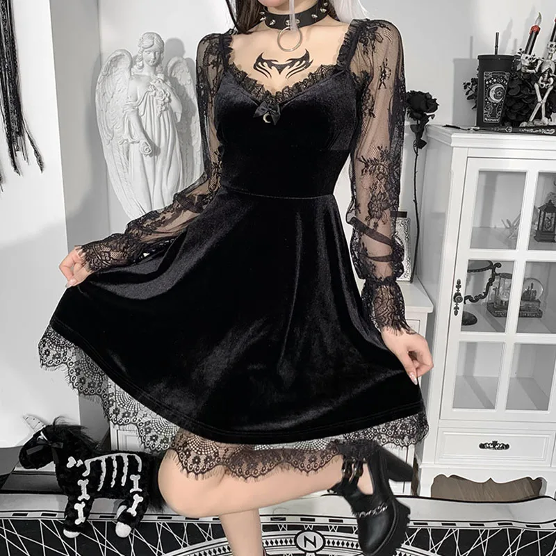 Gothic Lolita Girl Lace Trim Velvet A-Line Dress Women Sexy Perspective Long Sleeve V Neck Slim Mini Dress Cosplay Party Costume