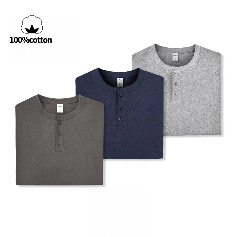 تي شيرت رجالي من القطن الثقيل برقبة هينلي 250 جرام بطبقة أساسية على الطراز الأمريكي غير الرسمي 100% قطن مسامي وماص للعرق