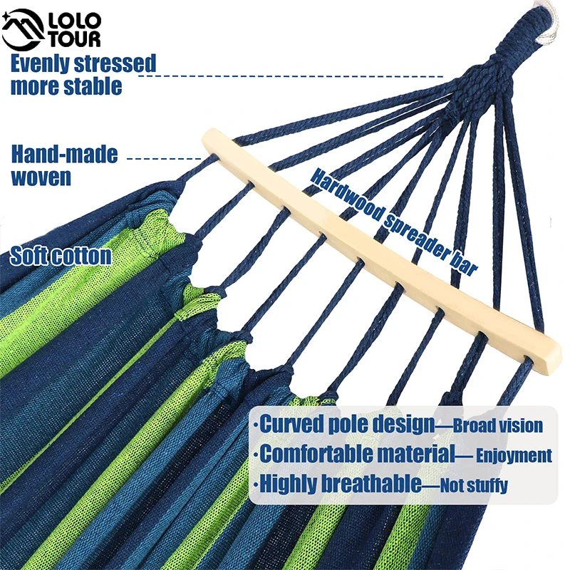 250*150cm 2 People Outdoor Canvas Camping Hammock Bend Wood Stick steady Hamak Garden Park Swing Hanging Chair Hangmat Blue Red