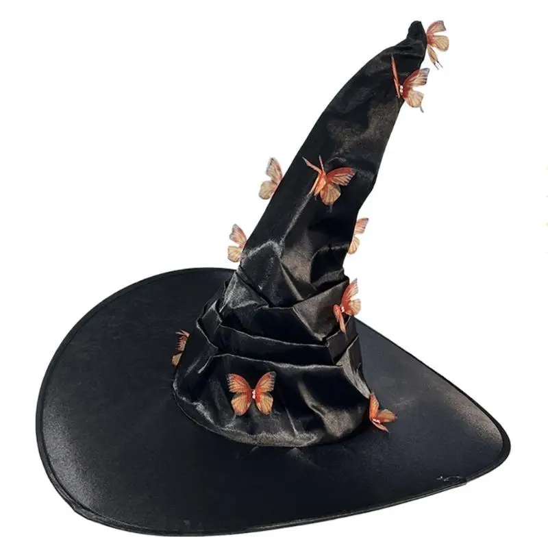 

39BB Trend Pointed Witch Hat Party Cosplay Unisex Wizard Hat with Butterfly Applique