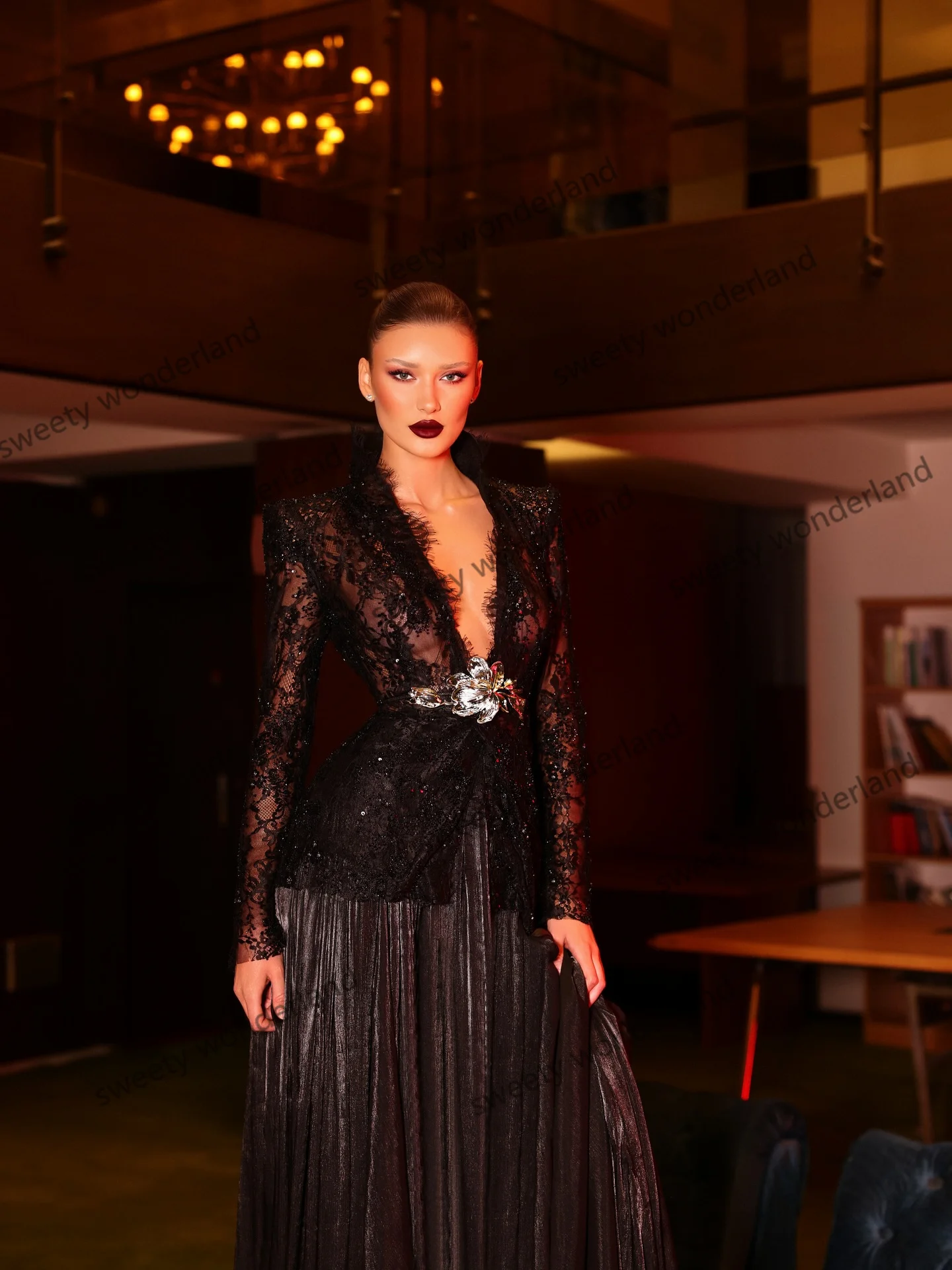 2 pçs vestidos de noite profundo decote em v jaqueta de renda maxi vestido deslumbrante saia plissada vestido de festa de casamento com cinto vestidos personalizados