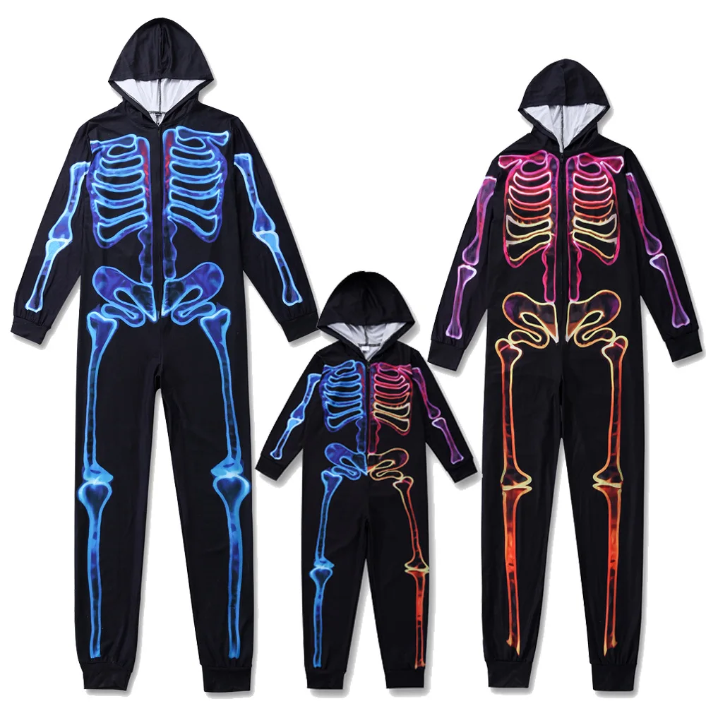 Women Men Hooded Pajamas Party Onesies Family Matching Outfit Halloween Girls Boys Black Skeleton Print Sleepwear Costume