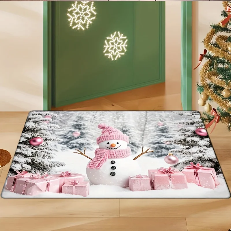 Christmas Snowman Door Mat Xmas Pink Gift Box Tree Entrance Non-slip Floor Mat Balcony Hallway Bedroom Rug Christmas Decorations