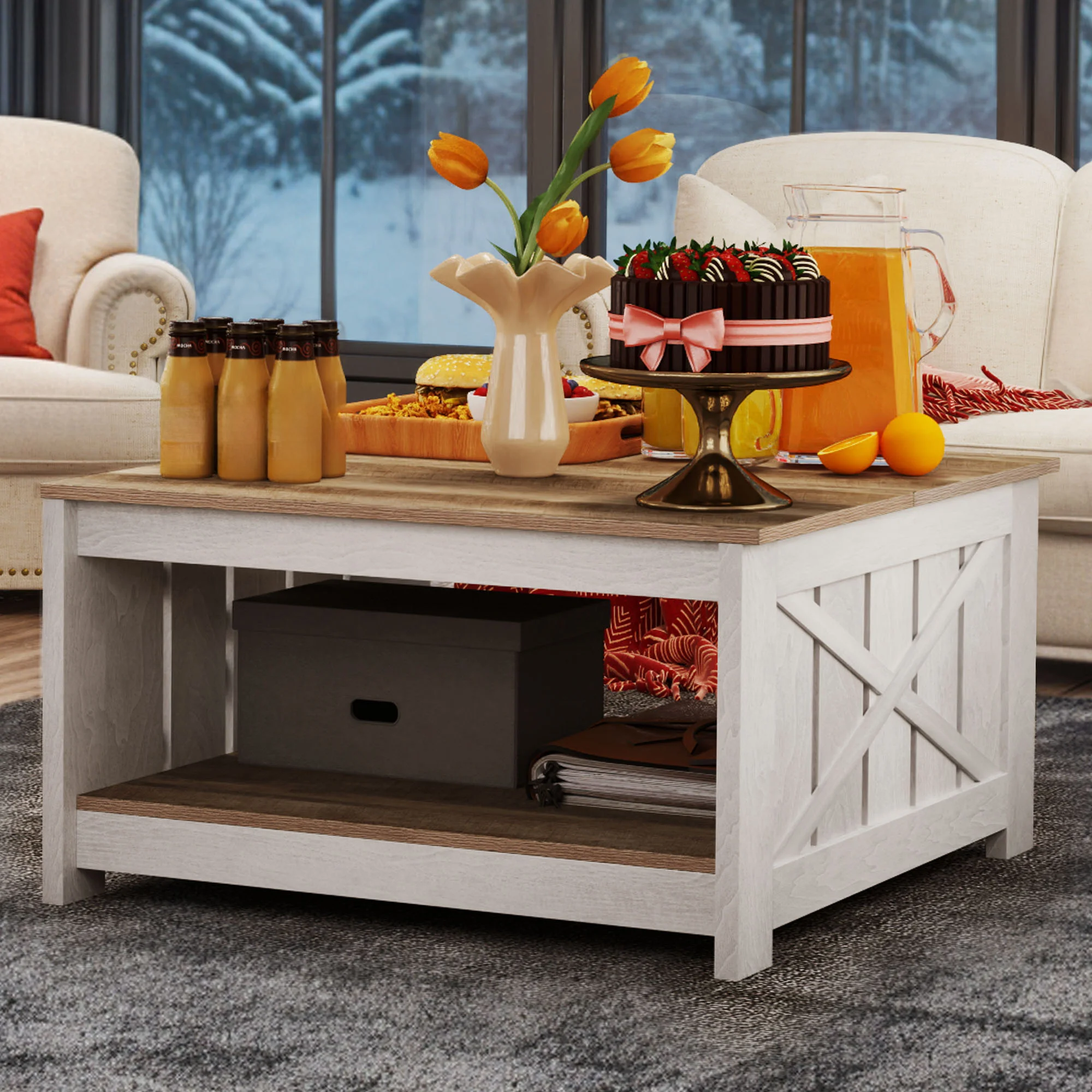 

Rustic Farmhouse Coffee Table with Half-Open Storage, Square Rustic Wood Cocktail Table for Living Room, Grey Wash