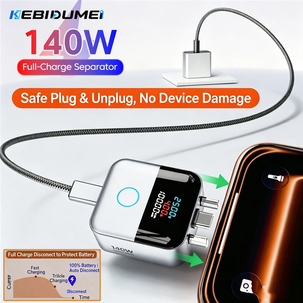 KEBIDUMEI 140W USB C Phone Fully Charged Intelligent Separator Type-C Digital Display Adapter Phones Auto Power Cut Off Charger