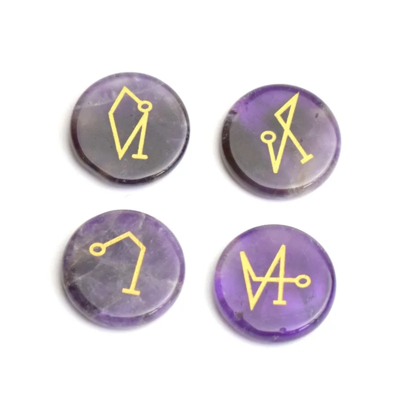 Small Size Round Natural Semi-precious Stone Lapis Quartz Amethyst Engraved Crystal Reiki Healing Archangel Symbols Set