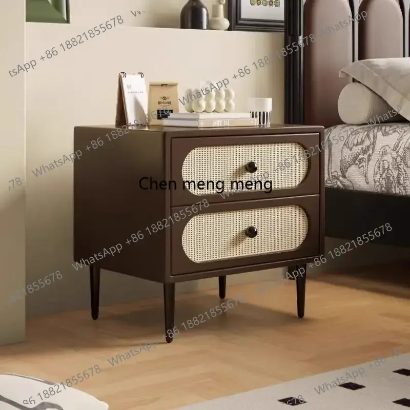 Solid wood antique black walnut leather bedside table rattan simple modern American retro bedroom storage side cabinet