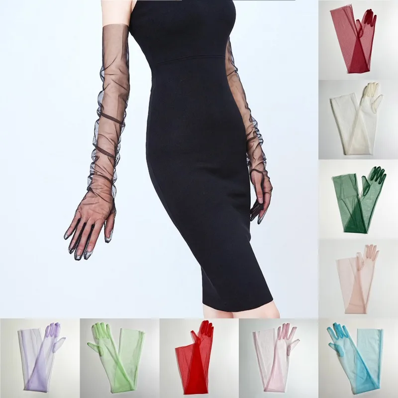 Women Transparent Thin Lace Elegant Tulle Long Gloves Mesh Gauze Sexy Wedding Party Summer Lace Ladies Prom Dress Gloves