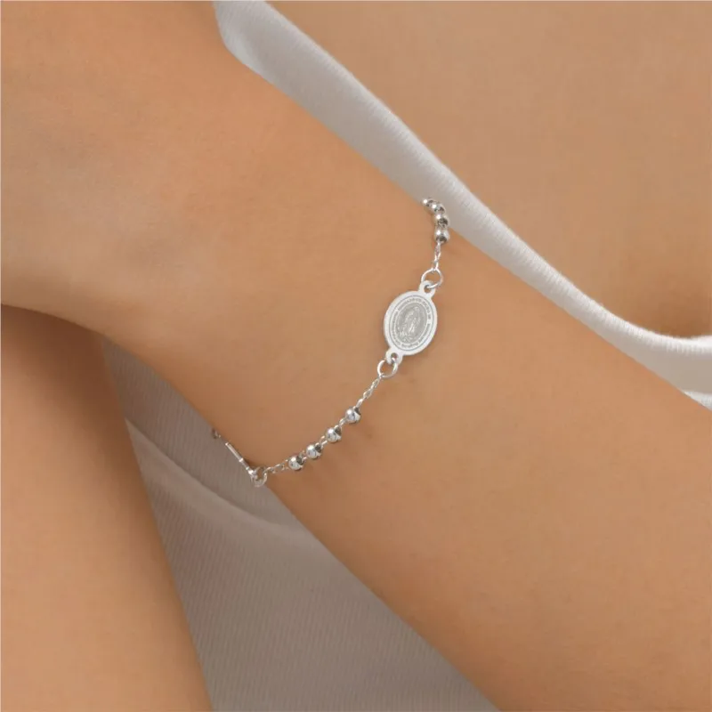 Vnox Trendy Beads Chain Bracelet For Women Stainless Steel Cross Hand Virgin Mary Faith Jewelry Charm Bracelets Gifts To Girls