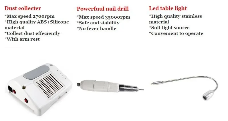 Nuevo producto Profesión 3 en 1 Función combinada Colector de polvo de taladro de uñas al vacío con lámpara de mesa LED