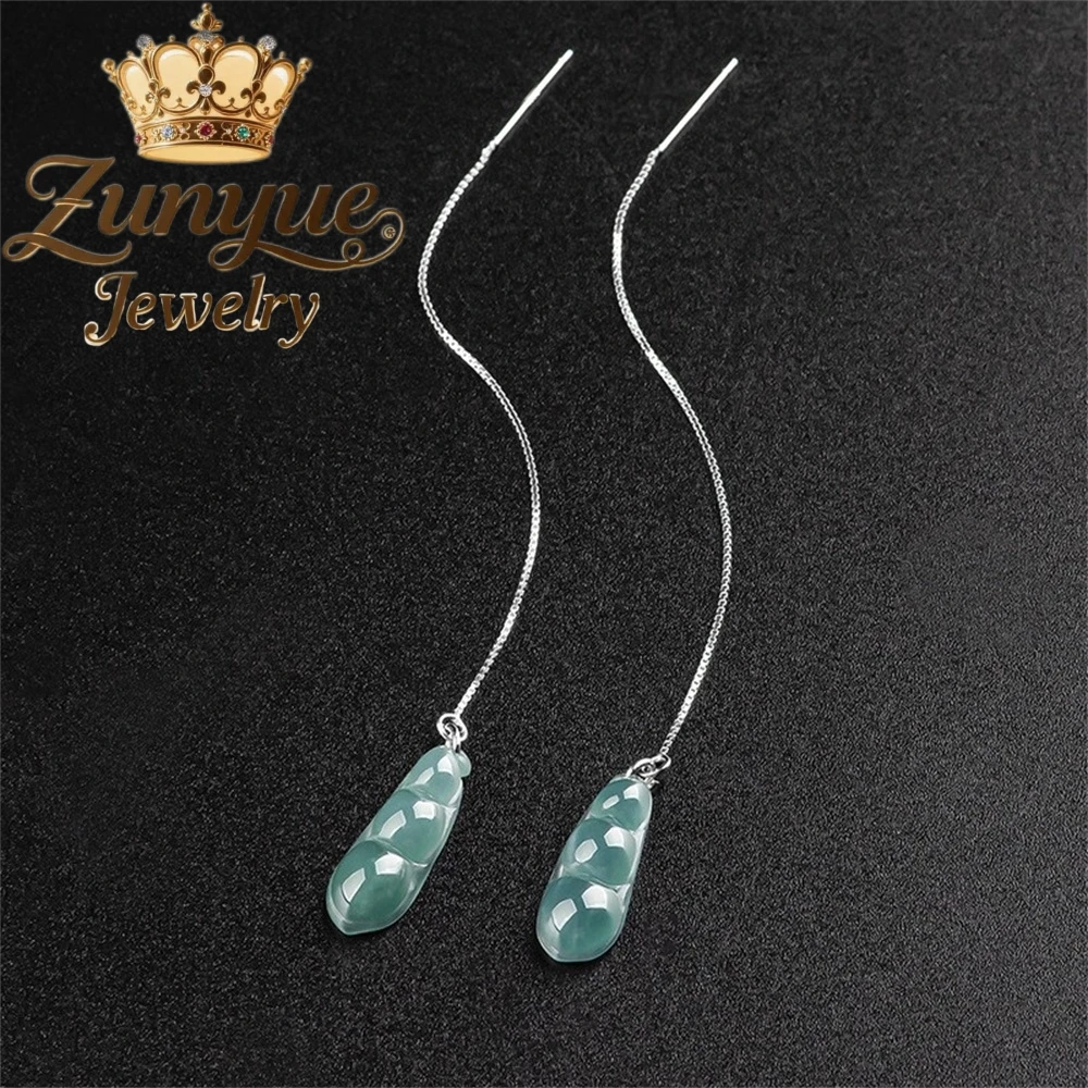 

S925 Silver Set Natural A-Grade Jadeite Blue Water Ice Type Four-Season Bean-Shaped Earring High-End Fashion Luxury Jewelry Gift