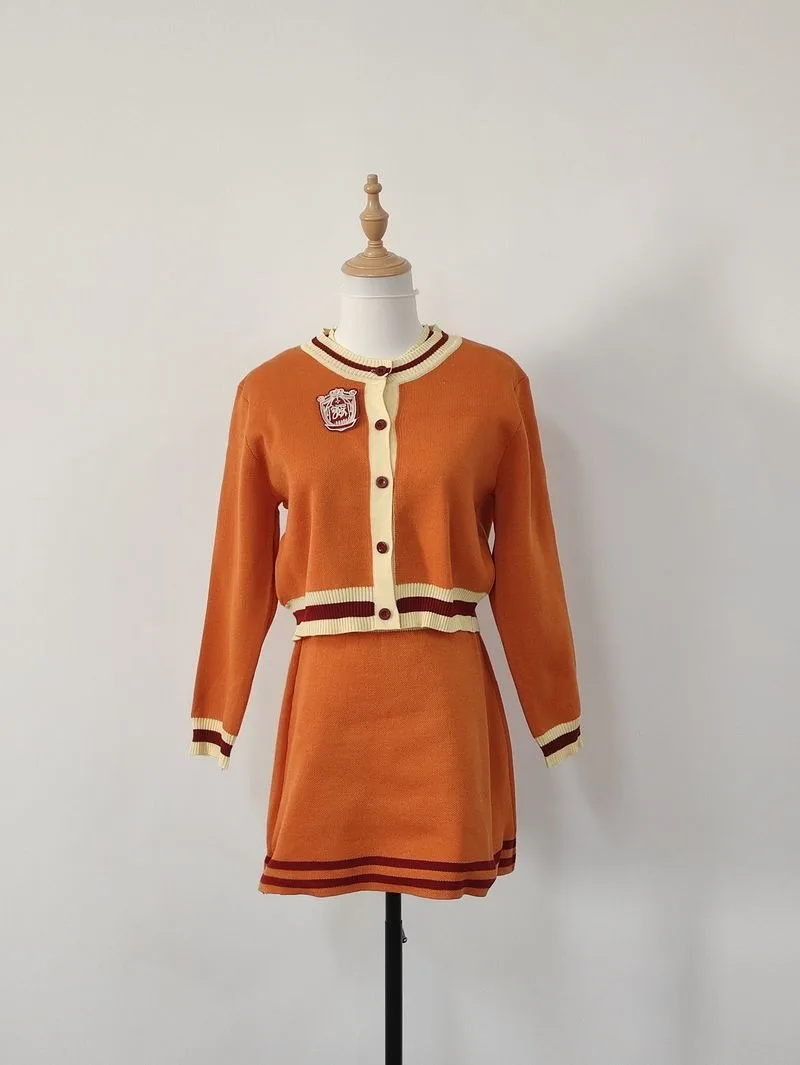 Słodki kamizelka z dzianiny, modny, spódnica wiązana, trzyczęściowy, komplet damski koreański College w kratę, miękki, delikatny, wąski jesienny