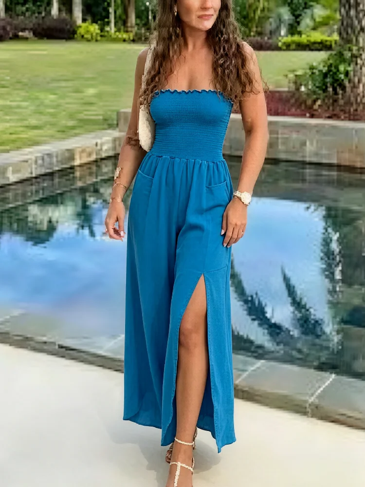 Elegant Blue Smocked Wide-Leg Jumpsuit with Side Slit. Se86aab71696349ff9d856eff6e16341eZ