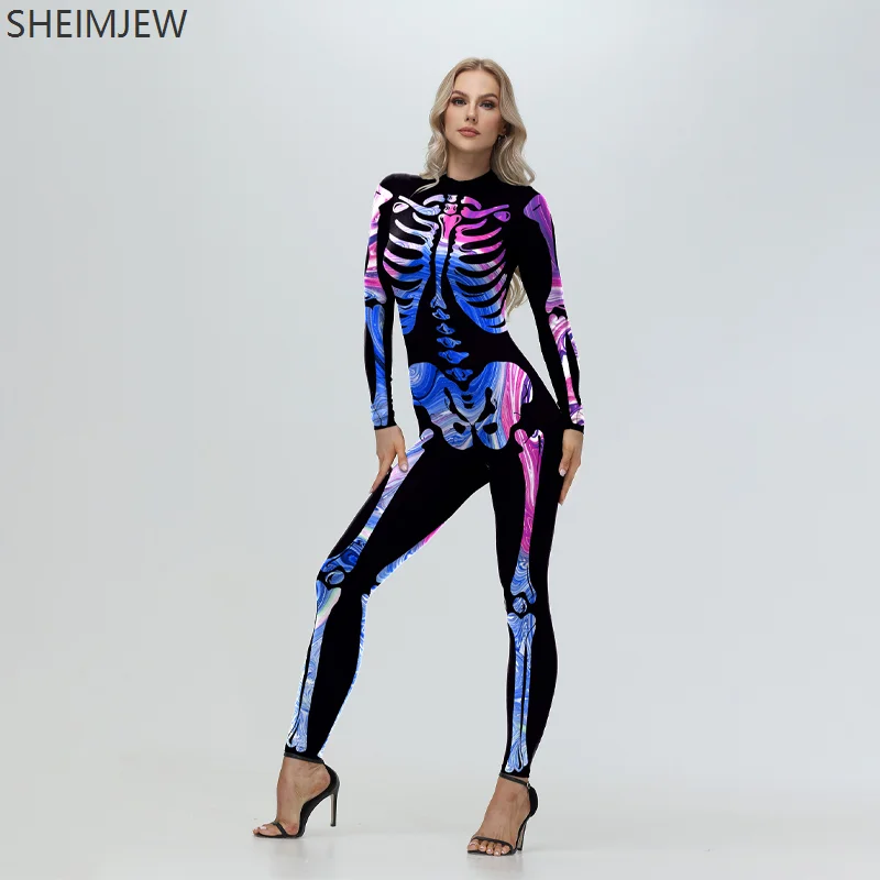 Halloween Kleurrijke Schedelprint Cosplay Jumpsuit Dag Van De Dode Vakantie Feest Zentai Pak Unisex Fancy Bodysuit Rave Outfits Nieuw