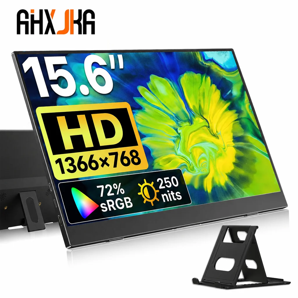 AHXJKA 15.6” Portable Monitor 60HZ IPS USB-C HDMI 250Cd/m² 768P For Laptop XBox PS4 / 5 Switch TV Cell Phone PC Extension Mobile