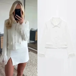 ASDS Cropped Feather Blazer Women's Blazers Spring Summer 2024 White Lapel Collar Long Sleeve Blazer New In Coats Elegant Blazer