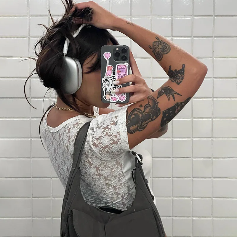 

Women's Y2K Vintage Sheer Floral Lace See-through Tops Fashion Short Sleeve Open Back Slim Fit Summer T-Shirts Women's Clothing