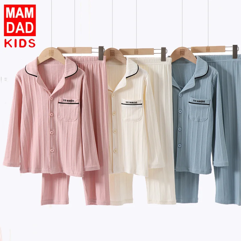 

Cotton Long Sleeve Pajamas Autumn And Winter Lapel Pajamas, Solid Color Family Home Suit