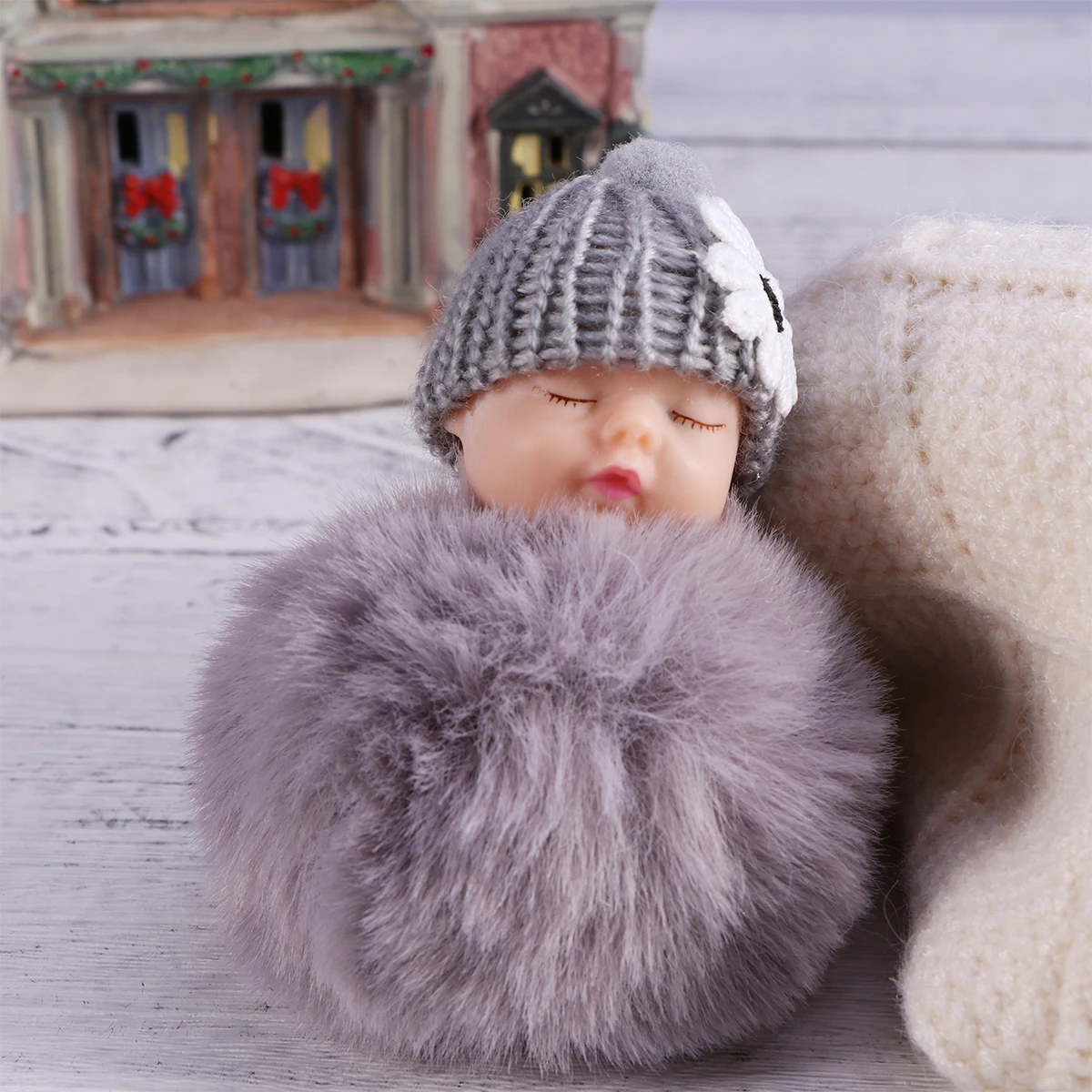 Dormindo bebê bola pompom chaveiro luz cinza encantador bolsa carro carteira pingente novidade chaveiro presente para mulher