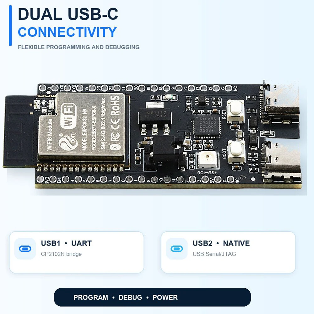 ESP32-C6 N8 Development Board BT WiFi 6 Module for Android ESP‑IDF IDE J5 8M FLASH 32PIN CP2102 TYPE-C WiFi6 ESP32-C6-DevKitC-1