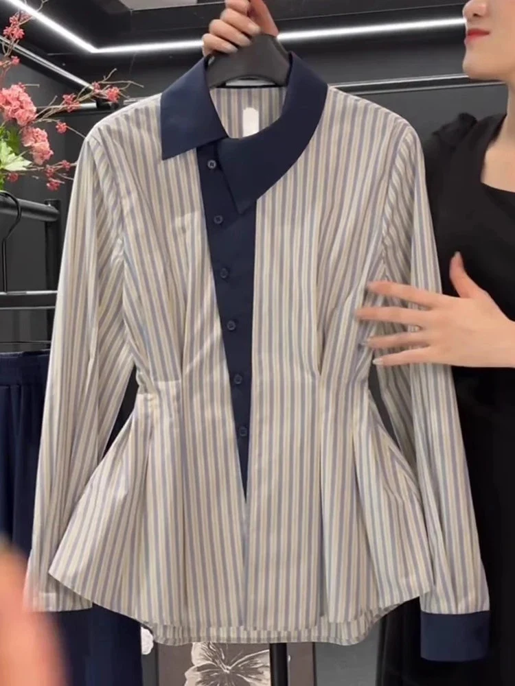 

plus Size Slimming Blue Striped Shirt Long Sleeve Fashionable Color Block Korean Style Women's Casual Breathable Comfortable