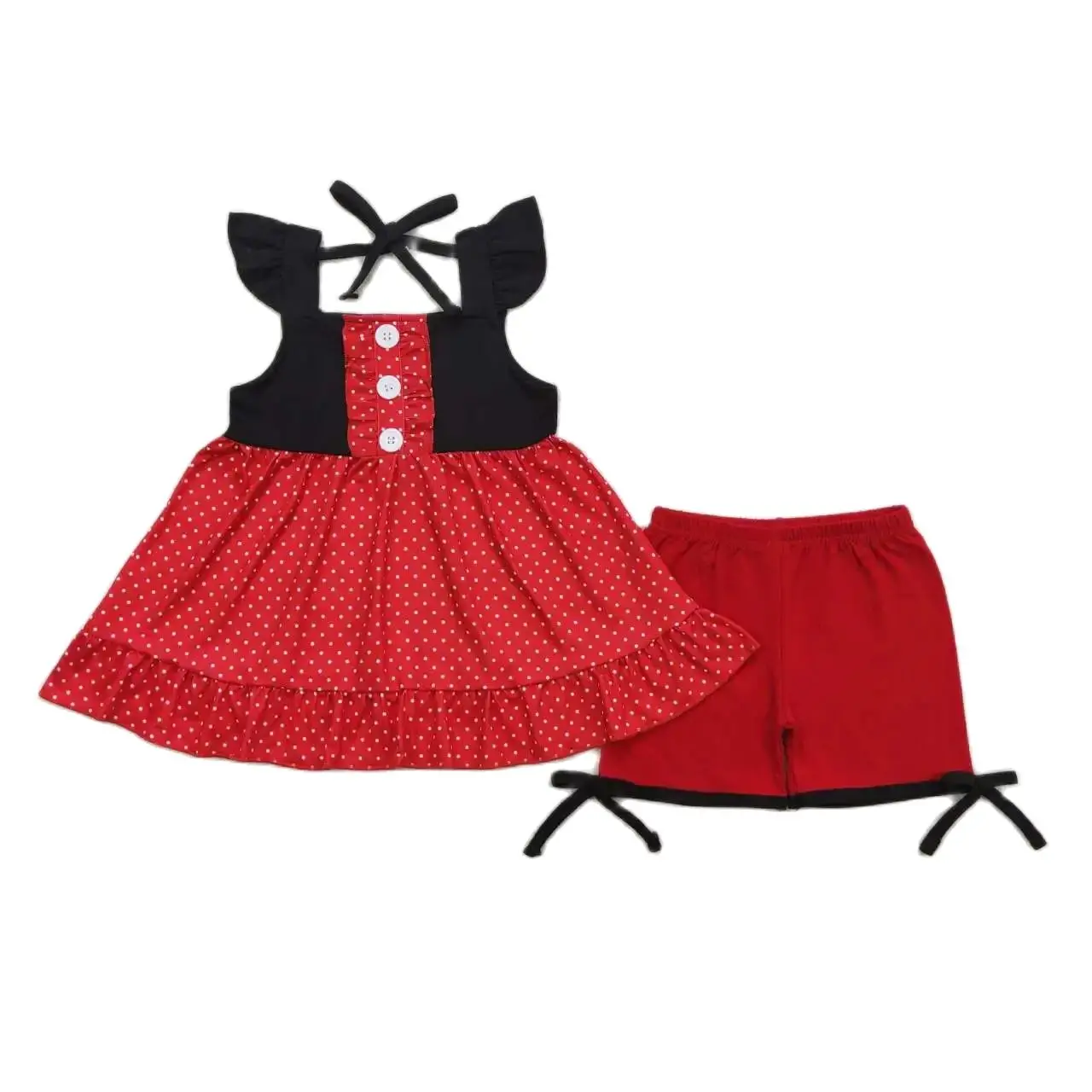 

GSSO0969 Kids Girls Summer Outfit Sets Flying Sleeves Top Red Lace Polka Dot Black Print With Shorts Children Clothes