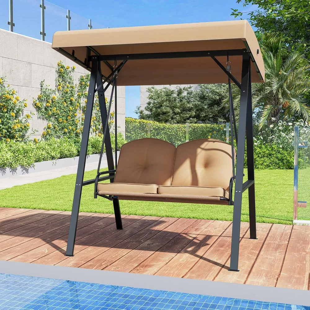

2 Person Porch Swing, Patio Swing with Adjustable Canopy, Heavy-Duty Metal Frame & Soft Cushion, Outdoor Swing for Backyard.