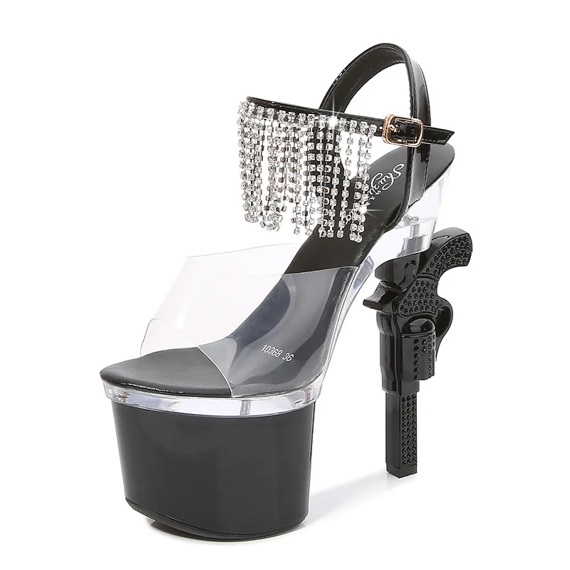 18cm Transparente Kristallblock-Absätze Wasserdichte Plateau-Sandalen mit Dicker Sohle Sexy Nachtclub-Schuhe Laufsteg-Modell Damen High-Heel Schuhe