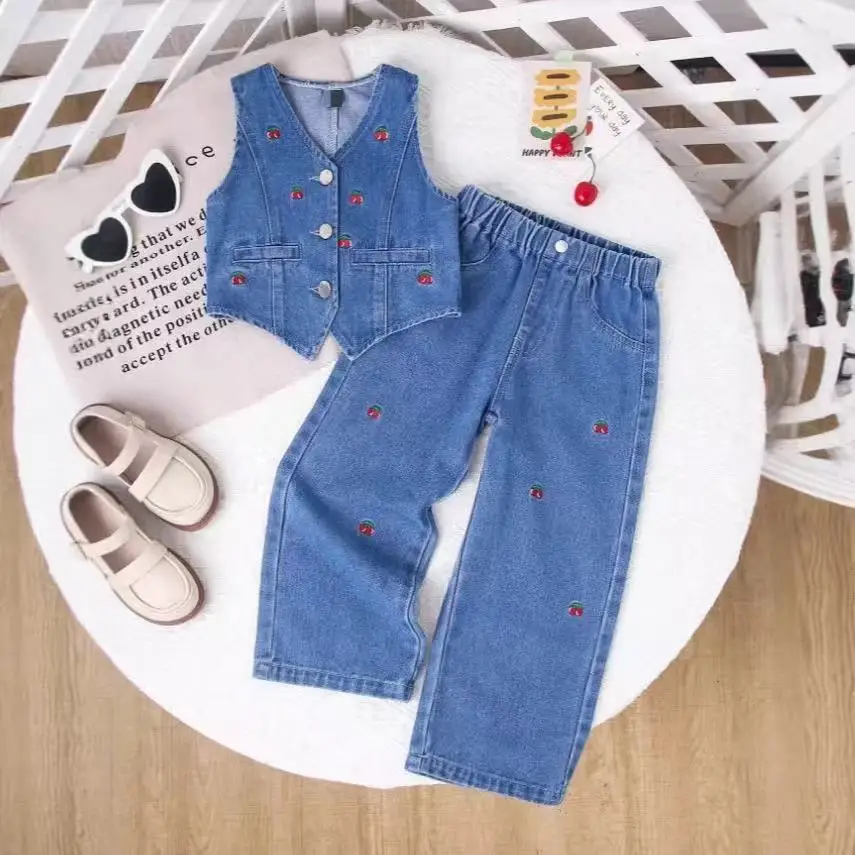 

2026 New European American Style Girls Denim Set Cherry Embroidery Cardigan + Casual Jeans Pants Fashion Kids Outfit for 2-7Y