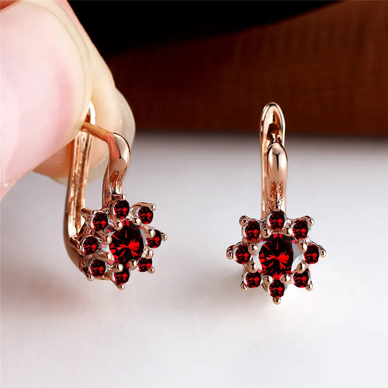 Charm Female Red Zircon Stone Hoop Earrings Cute Small Flower Wedding Jewelry For Women