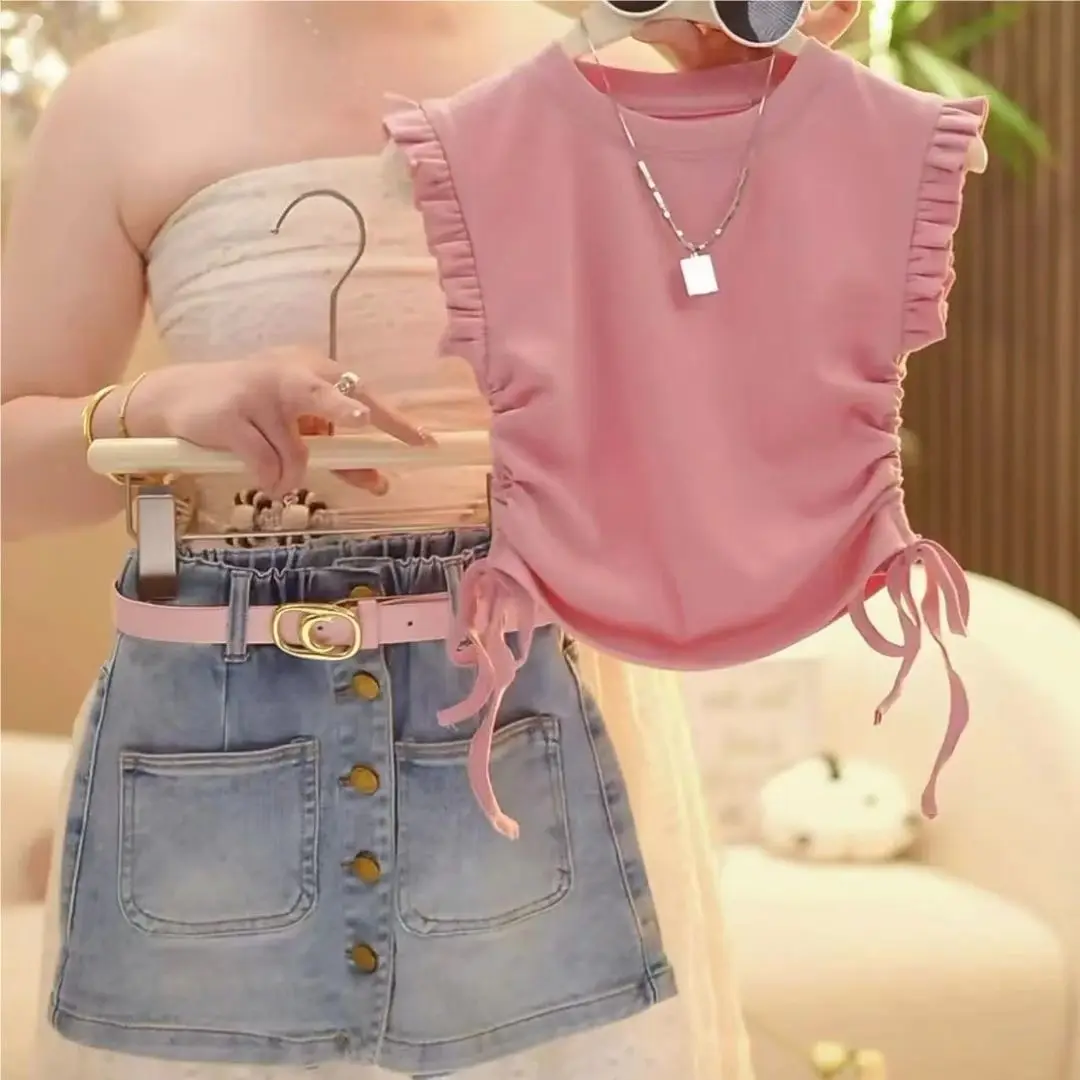 

Girls Summer Clothing Outfit Sets Fashion Kid Children Pink Sleeveless Vest+ Denim Shorts with Pockets
