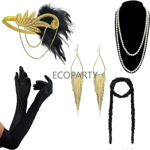 New 1920s Accessories Sets Costume Great Gatsby Feather Headband Earrings Gloves Pearl Necklace for Women Ladies Disfraz Neon - Image 7