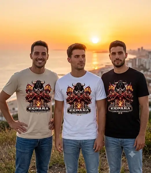Herren- und Damen-T-Shirt mit Distressed-Optik und Spanien 2026 Fußball-Meisterschaftsflagge - Grafik-T-Shirt Spanien Weltmeister als Geschenk – Detail 9