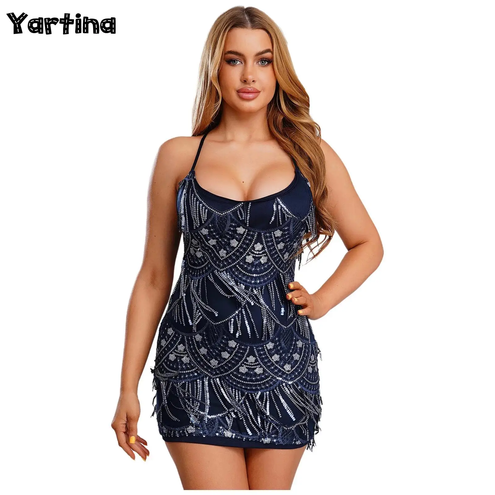 Sexy feminino brilhante lantejoulas curto mini vestidos clubwear bordado com borla em camadas cintas de espaguete sem costas bodycon vestido