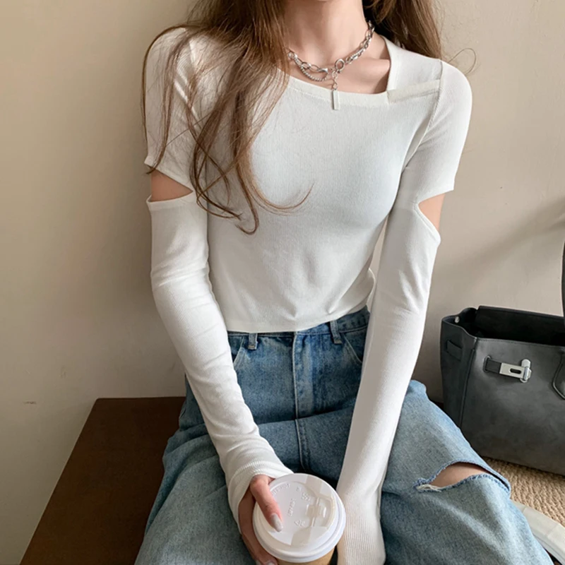 Skew Collar Crop Tops Y2k Women T Shirt Hollow Out Long Sleeve Elastic Tshirt Camiseta Autumn Slim Short Clothes Tee Shirt Femme