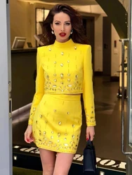 Modphy Fashion Women's Heavy Industry Diamond Two Piece Set Short Long Sleeve Tops Wrapped Hip Mini Skirt Female Outfit