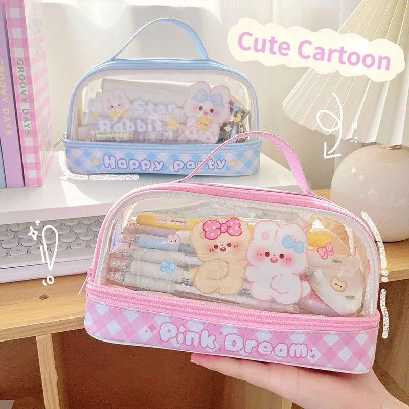 Cute Transparent Pencil Case Kawaii Bunny Bear Pencil Pouch 2- Layer High Capacity Waterproof Protable Stationery Storage Bag