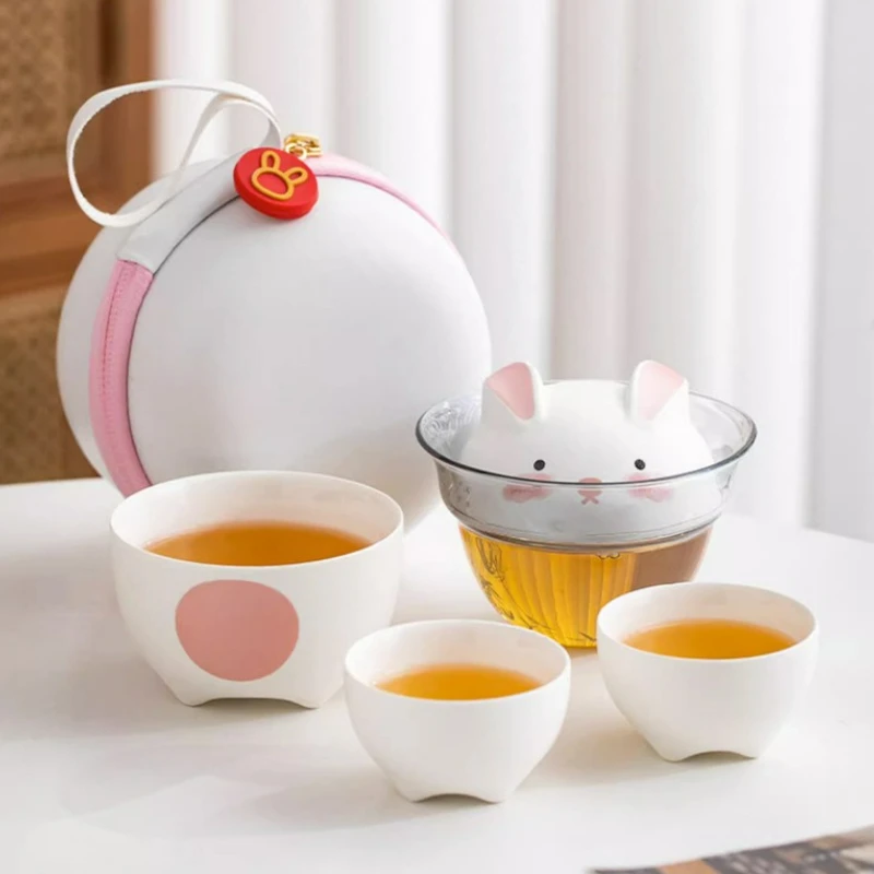 Chinese Style Tea Cup Set Portable Travel Teaset 1 Pot 3 Cups Cute Rabbit Tea Making Pot Tea Ceremony Household Kung Fu Teaware