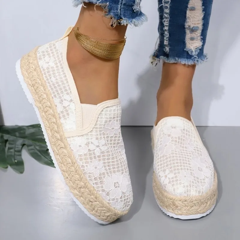 Flax Oriental retro breathable Loafers Faux pearls  detail espadrille flats Simple mesh canvas women shoes