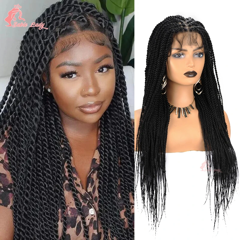 Perruques tressées torsadées sénégalaises pour femmes noires, perruque frontale entièrement en dentelle synthétique, tresses de boîte sans nœuds, boîte Cornrow, longue, 36 po